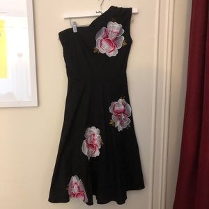 Single Strap Black Dress with Flower Embroidery